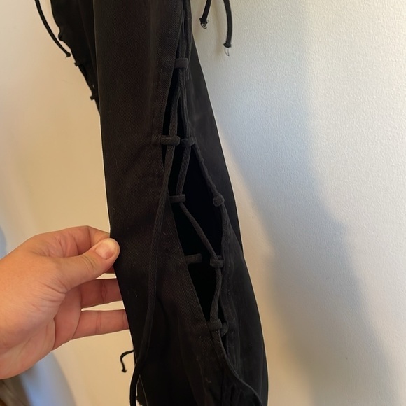 Stuck on Stupid Lace Up Pants Small Black Crop Flare Goth Emo Frayed Cut Out - Picture 6 of 11